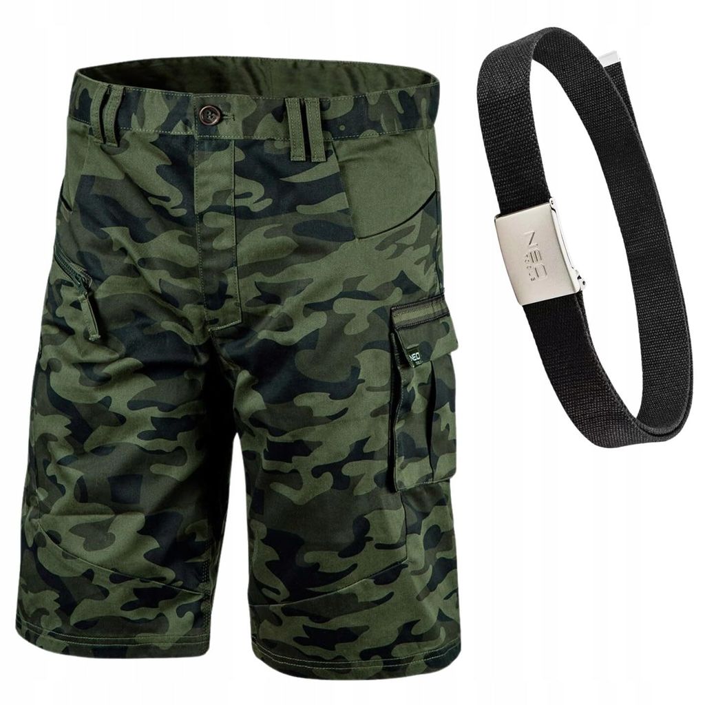NEO TOOLS Camouflage Hose Herren Kurz mit Gürtel Gr. 48-58 | Multifunktionale Taschen - Grün Arbeitshose Kurz Herren - Arbeitshose Sommer | Gr. 3XL