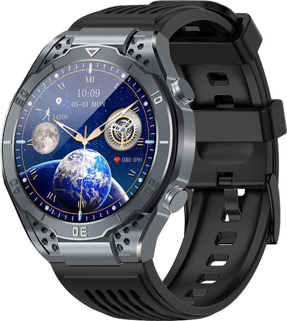 A smartwatch with a space-themed watch face is displayed against a white background.