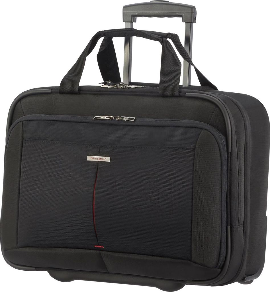 A black Samsonite rolling briefcase is shown against a white background.