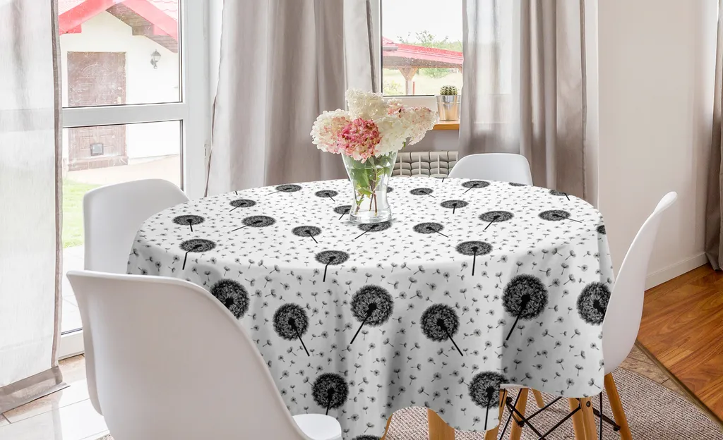 ABAKUHAUS Tovaglia rotonda con motivo a denti di leone, fiori primaverili, tovaglia circolare per sala da pranzo e cucina, 150 cm, bianco e nero