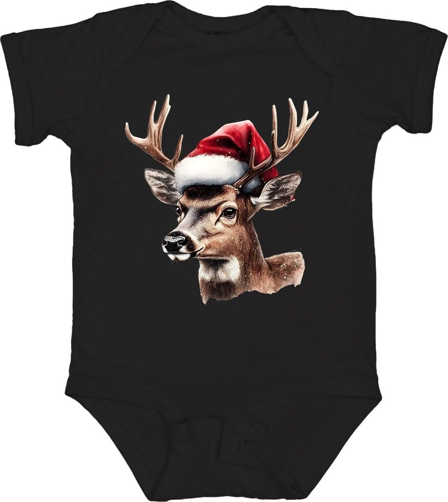 Weihnachtsrentier Hirsch Kopf Aquarell Weihnachtsmann Hut Retro Unisex Baby Body, Schwarz, 3/6