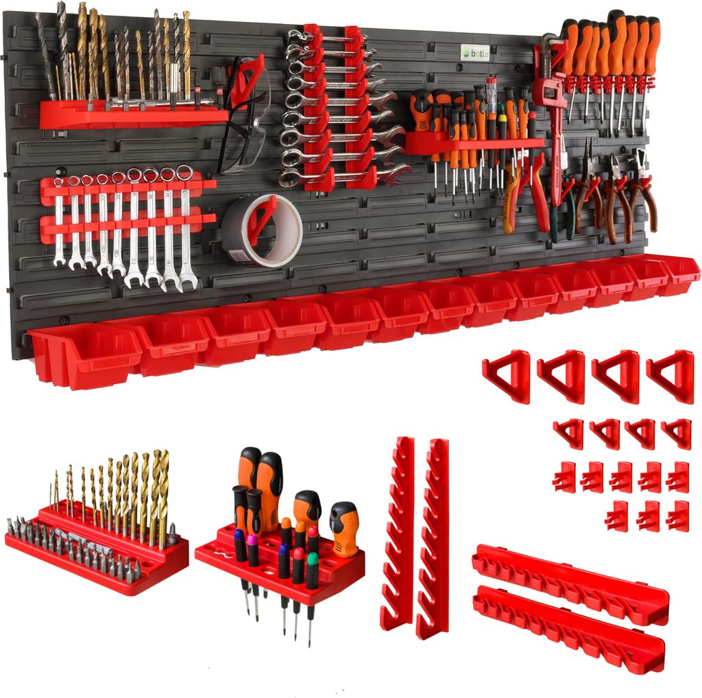 botle Werkzeugwand Lochwand aus Kunststoff, Stapelboxen + Wandregal + Werkzeughalter 38-teiliges Set, Kleinteilelager 116 x 39 cm, Wandwerkstatt ...