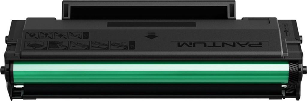 A black toner cartridge with a green roller is shown against a white background.