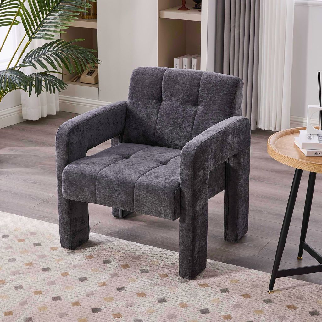 LVHOM Polstersessel mit Chenille-Bezug, Sessel mit Holzrahmen, Polsterstuhl Relaxsessel Loungesessel Scandi, 67,5x74,5x69cm, Belastbar 230kg, Grau