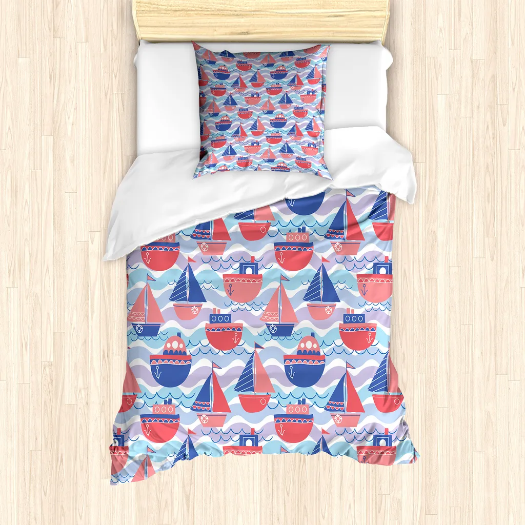 ABAKUHAUS Set copripiumino marittimo per letti singoli, grafica con barche a vela Wave, antiacaro, adatto a chi soffre di allergie, con federa, 135 cm x 200 cm - 80 x 80 cm, rosa Ceil blu