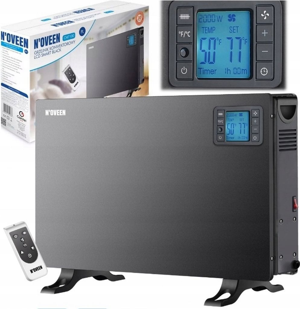 A collage of product images showing a black convector heater, its packaging, and a close-up of its digital display and remote control.