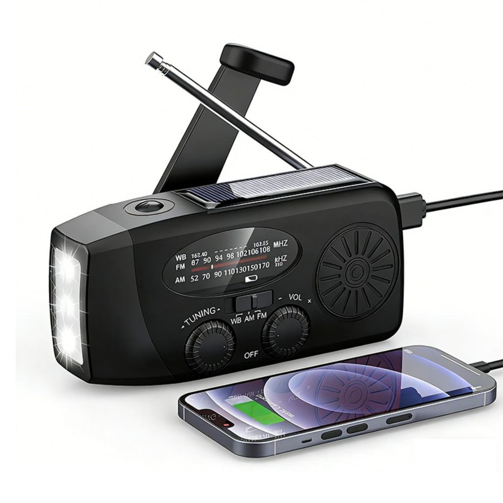 AIORBER Tragbar Notfallradio mit Kurbel, Solar, USB, LED Taschenlampe, AM/FM/WB, 600mAh Powerbank, Tragbar für Outdoor Camping, Schwarz