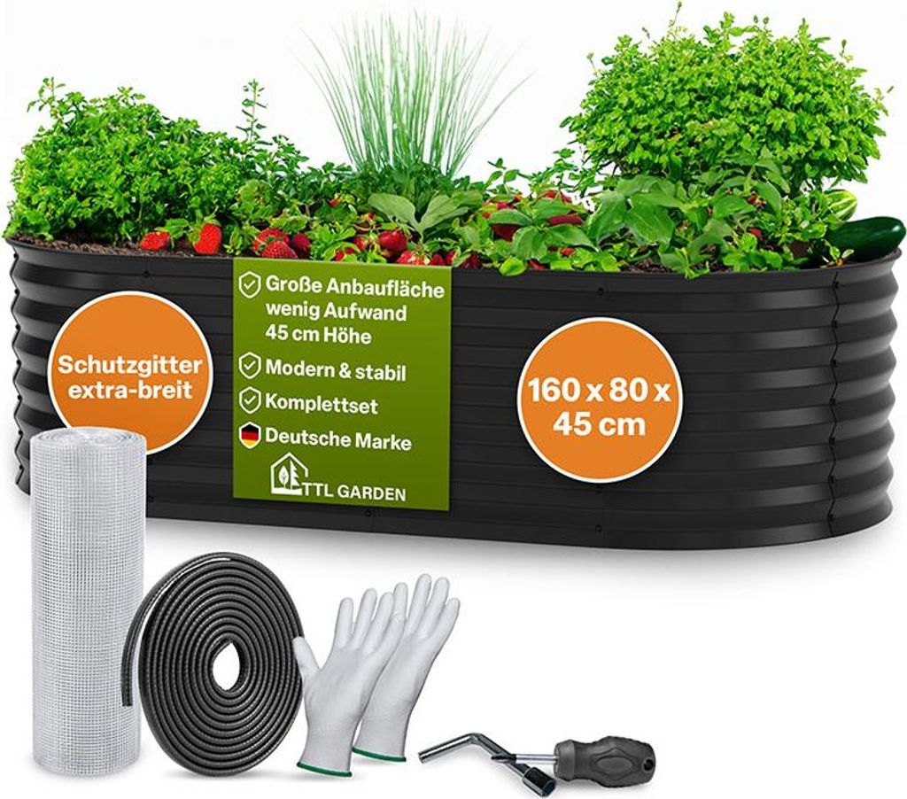 TTL GARDEN Hochbeet ELEGANCE M 160x80x45cm Anthrazit – Metall oval verzinkt stabil & modern