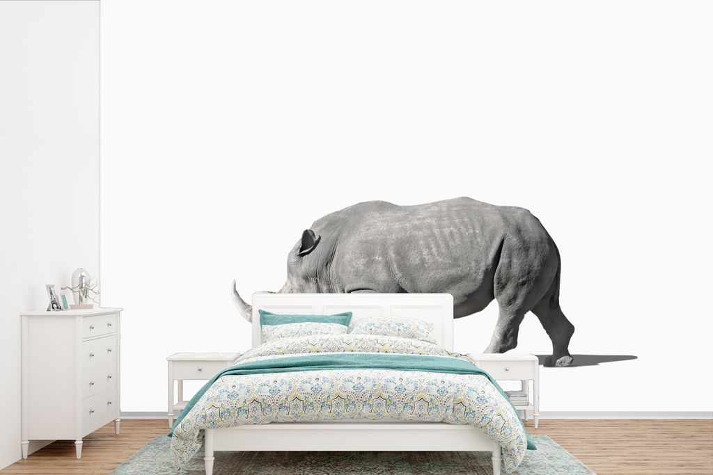 MuchoWow Fototapete für Wohnzimmer oder Schlafzimmer Wandtapete Vinyl Motivtapete Rhinozeros - Tiere - Weiß - 390x260 cm - Papiertapete