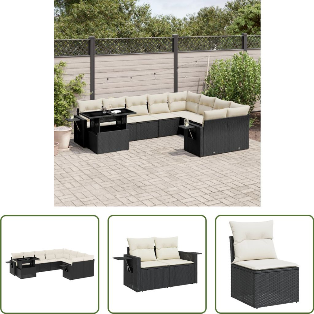 The Living Store 10-tlg. Garten-Sofagarnitur mit Kissen Schwarz Poly Rattan