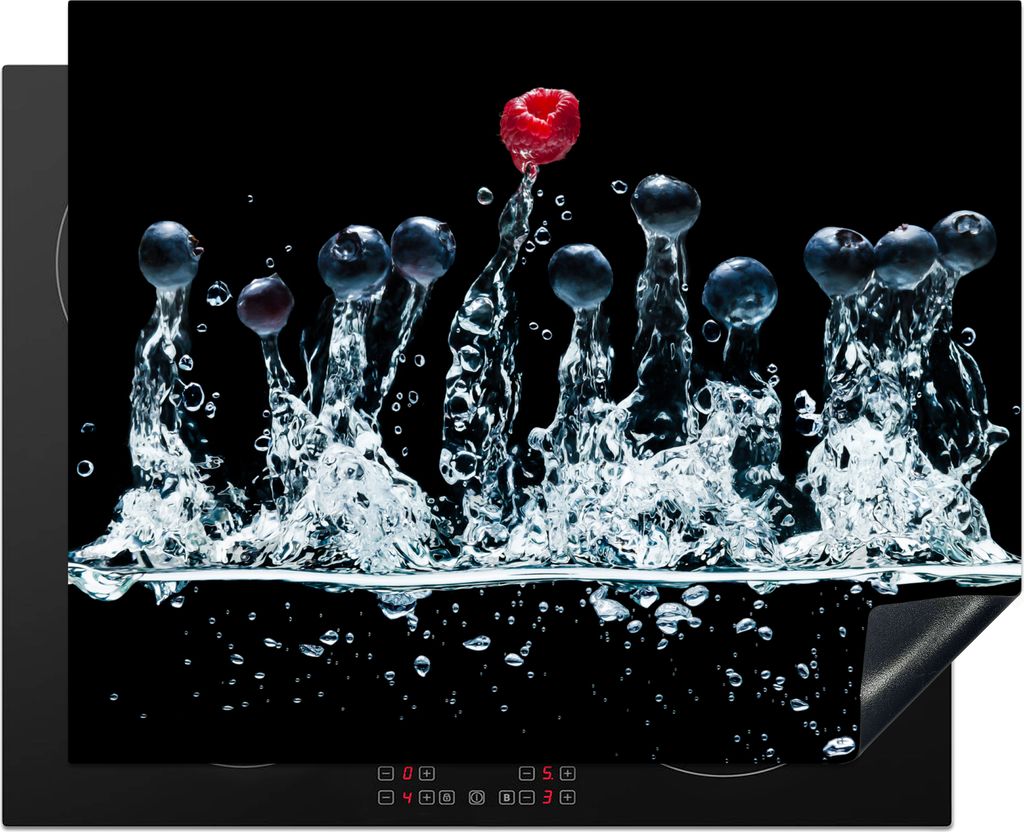 KitchenYeah Herdabdeckplatte Beeren - Wasser - Schwarz - Obst - Himbeere , 65x52cm, Küche Deko, Glaskeramikkochfeld Herdabdeckung, Abdeckplatte ...