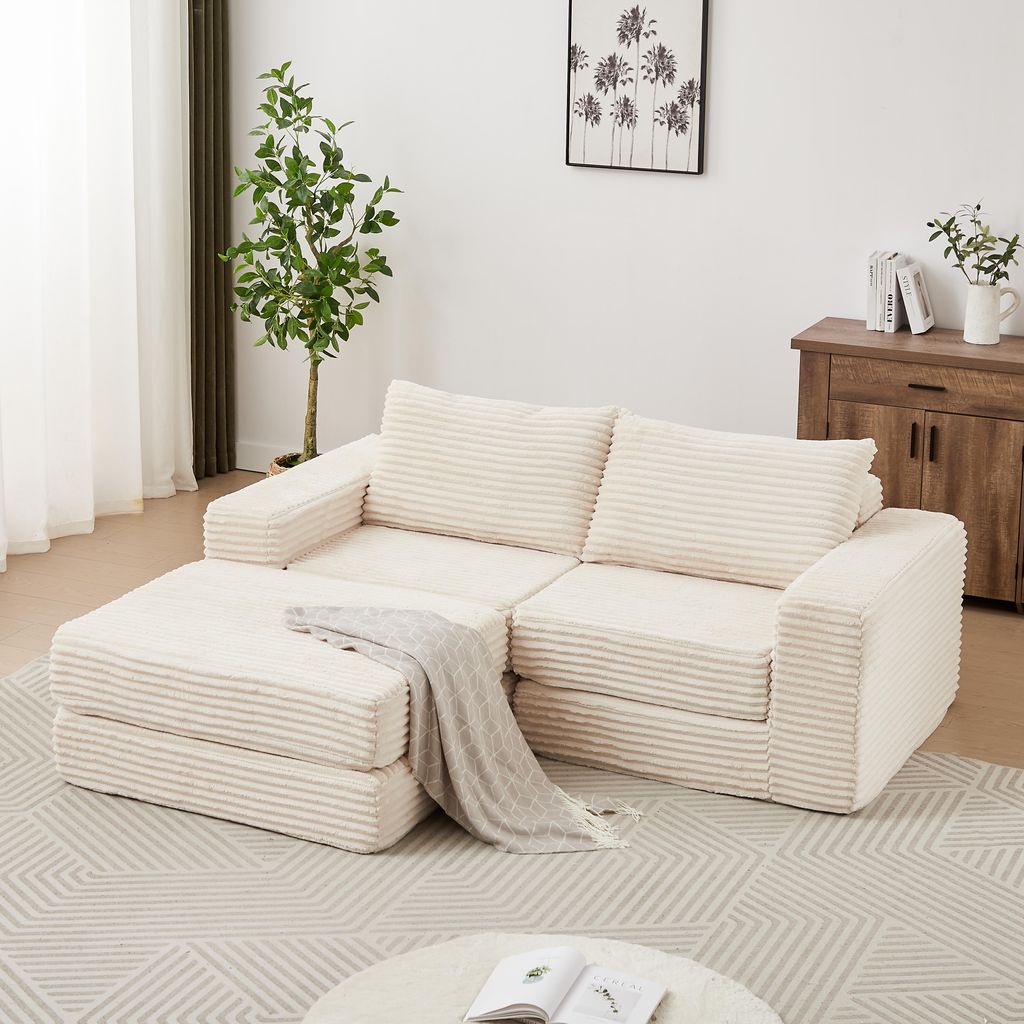 Modulares Cord-Schlafsofa 2-in-1, Corduroy Sofa mit Hocker & 2 Kissen, Ecksofa mit flexibler Konfiguration, Schlafcouch für Wohnzimmer, Weiß