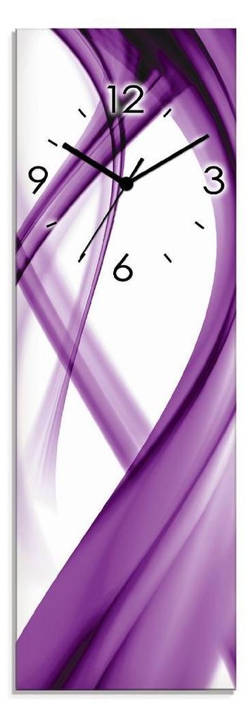 A vertical clock with abstract purple swirls and black hands and numbers.