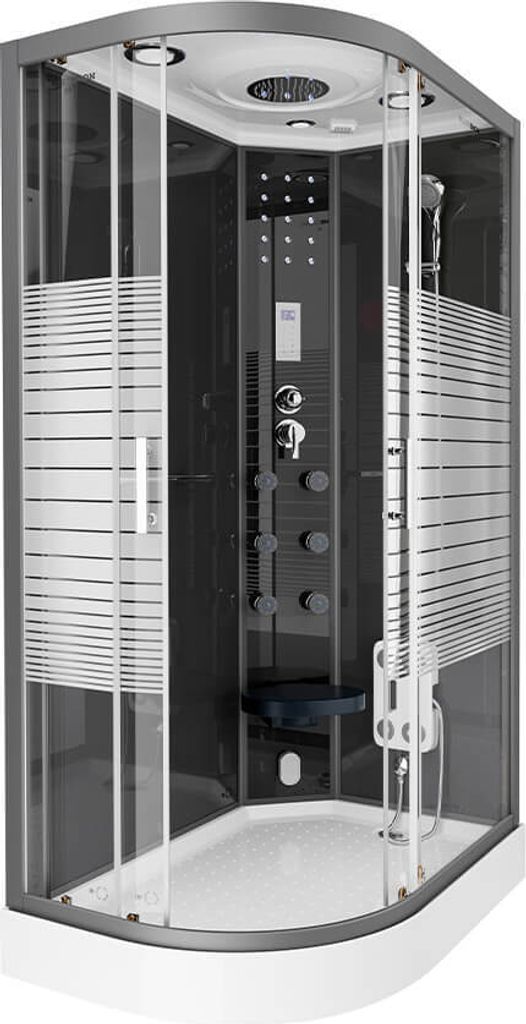 A modern, enclosed shower cabin with multiple features.