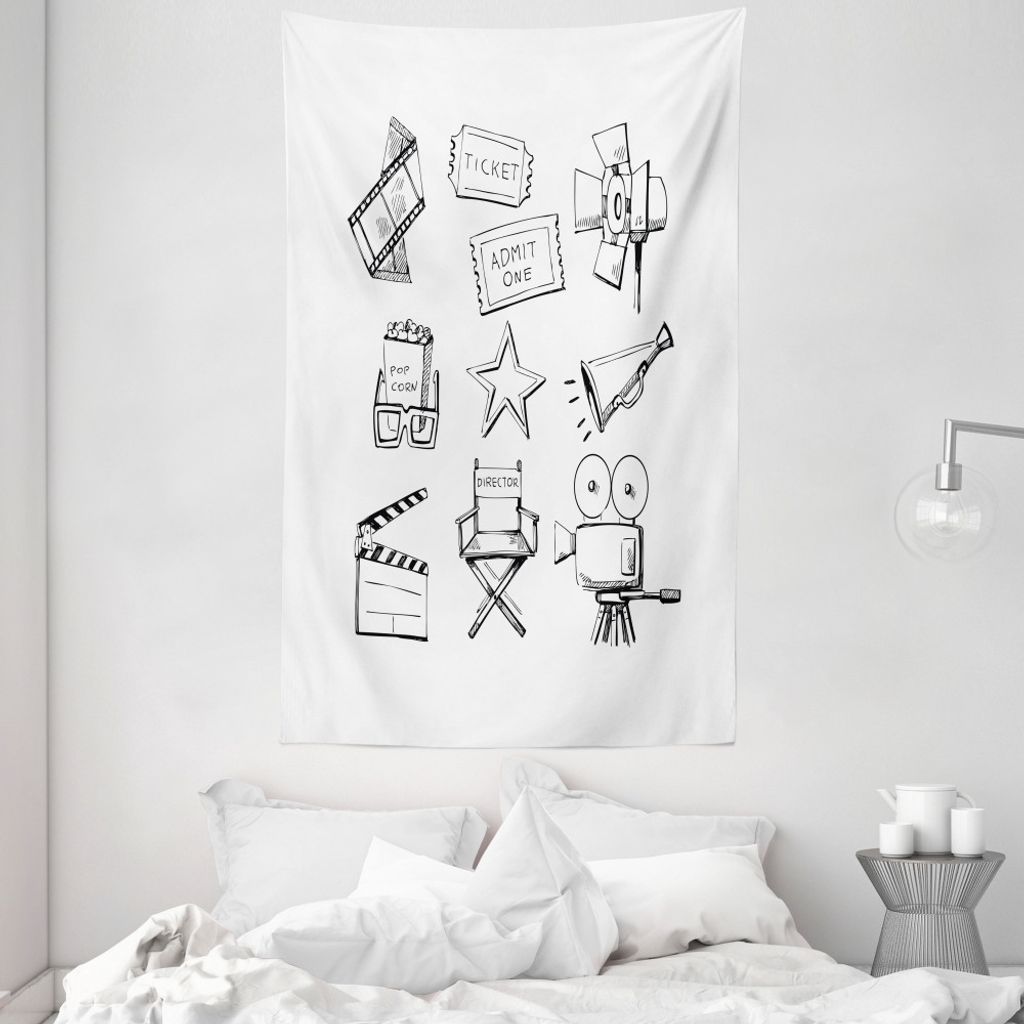 ABAKUHAUS Kino Wandteppich und Tagesdecke, Sketchys aus Weiches Mikrofaser Stoff Waschbar ohne Verblassen Digitaldruck, 140 x 230 cm, Weiß Schwarz