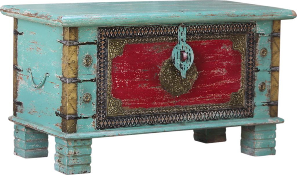 Vintage Holzbox, Holztruhe, Couchtisch, Kaffeetisch aus Massivholz, Verziert - Modell 42, Türkis, 45*80*40 cm, Truhen, Kisten, Koffer