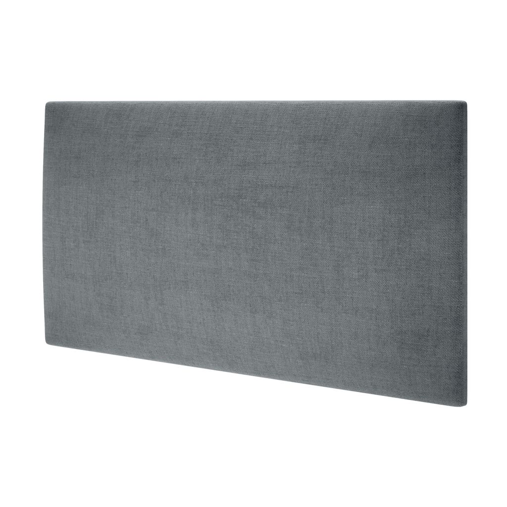 A gray fabric headboard is shown against a white background.