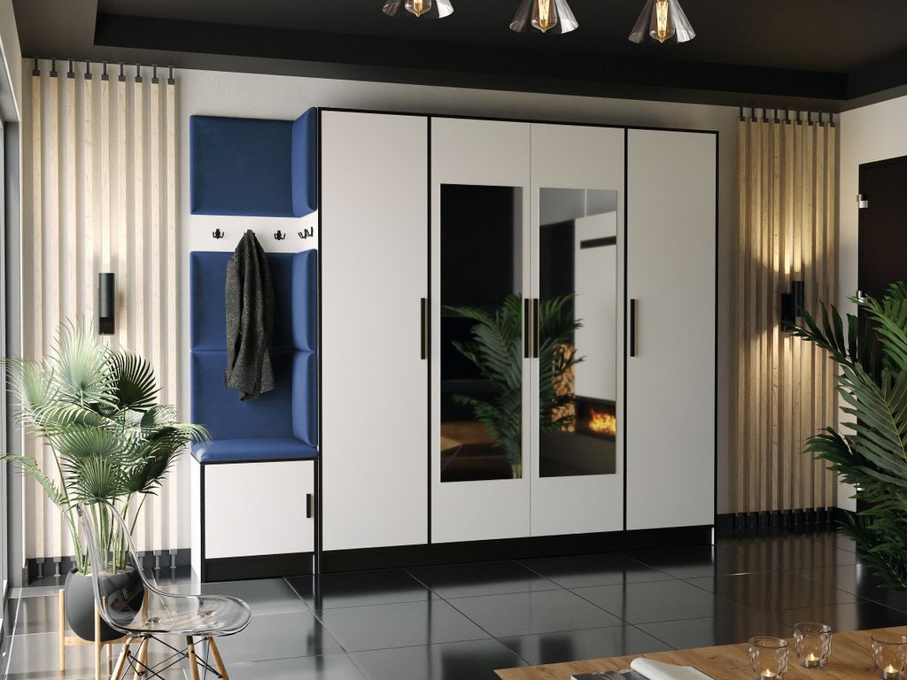 KIER FURNITURE Kleiderschrank, Weiß + Stoff Blau - 259,6x205x39cm