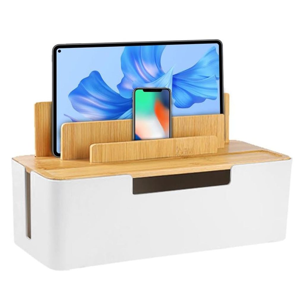 Kabelmanagement Box mit Bambusdeckel, Kabel Organizer für ordentliches Verstauen, Steckdosenbox für Schreibtisch, für Mobiltelefone, Tablets