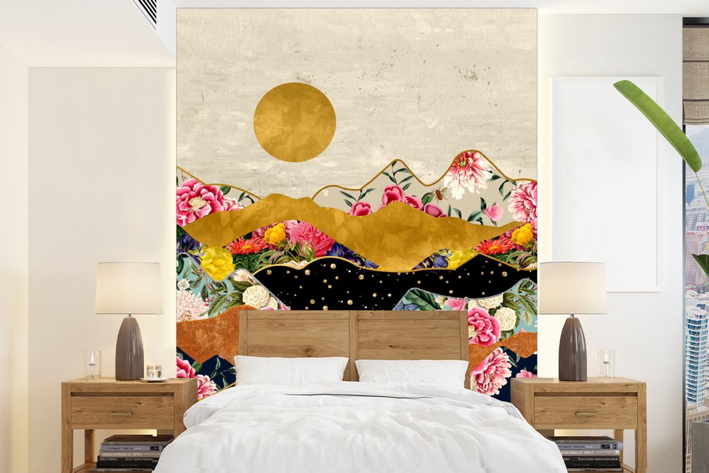 MuchoWow Fototapete für Wohnzimmer oder Schlafzimmer Wandtapete Vinyl Motivtapete Blumen - Gold - Marmor - 160x220 cm - Bildschirmhintergrund