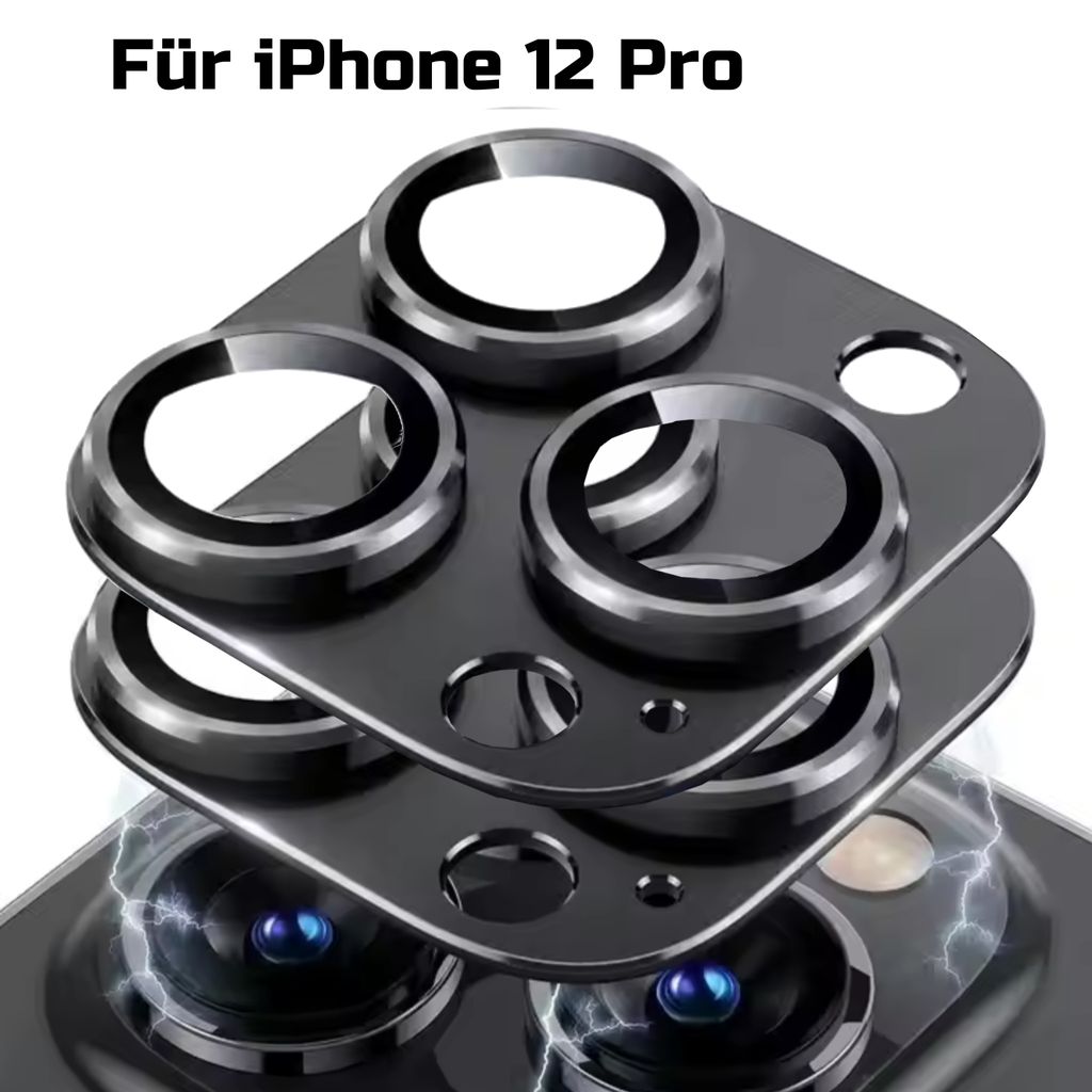 A close-up, angled view of stacked camera lens protectors for an iPhone 12 Pro, with a hint of the phone's camera lenses visible below.