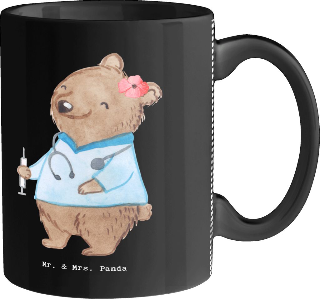 Mr. & Mrs. Panda Tasse Krankenpflegehelferin Herz - Schwarz - Geschenk, Kaffeebecher, Trinkbecher, Kaffeetasse, Pflegekraft, Pflegehelferin, Pott, ...