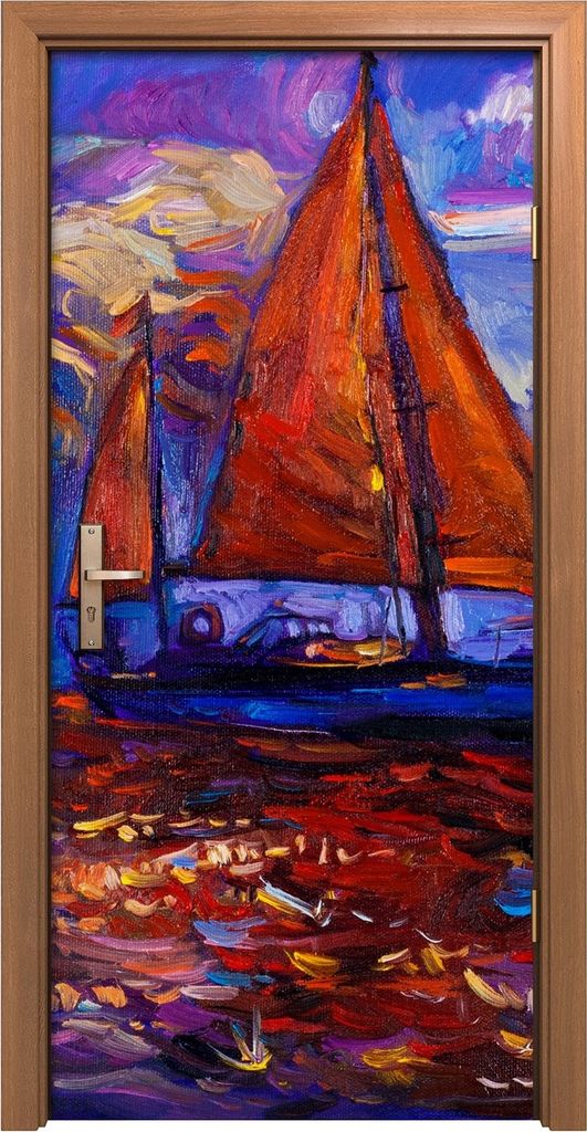 Türposter 90x200 cm Türaufkleber Türtapete Türfolie Klebefolie Kunst Seelandschaft Lila Segel Schiff