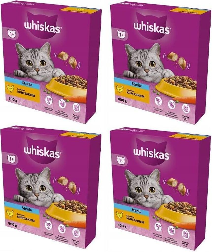 Whiskas Adult Sterile 1+ Trockenfutter mit Huhn im Karton, 4 x 800g (4 Packungen)