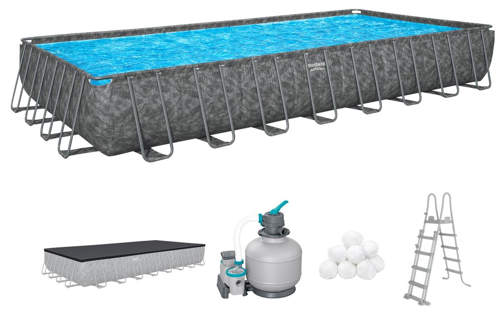 Bestway APX365 Winterfestes Frame Pool Komplett-Set mit Sandfilteranlage 956 x 488 x 132 cm, Marmor-Optik (Dunkel), eckig