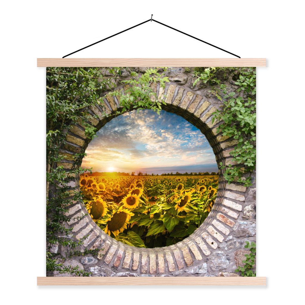 MuchoWow Textilposter Sonnenblumen - Ansicht - Blumen - Sonne 120x120 cm mit holzfarbenen Rahmen - Textil-Poster