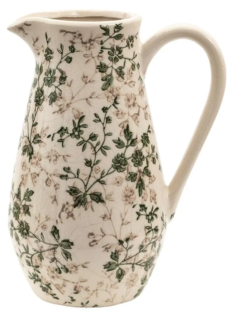 Pot Décoratif Céramique Artisanal Vert Beige 25cm aux Motifs de Fleurs