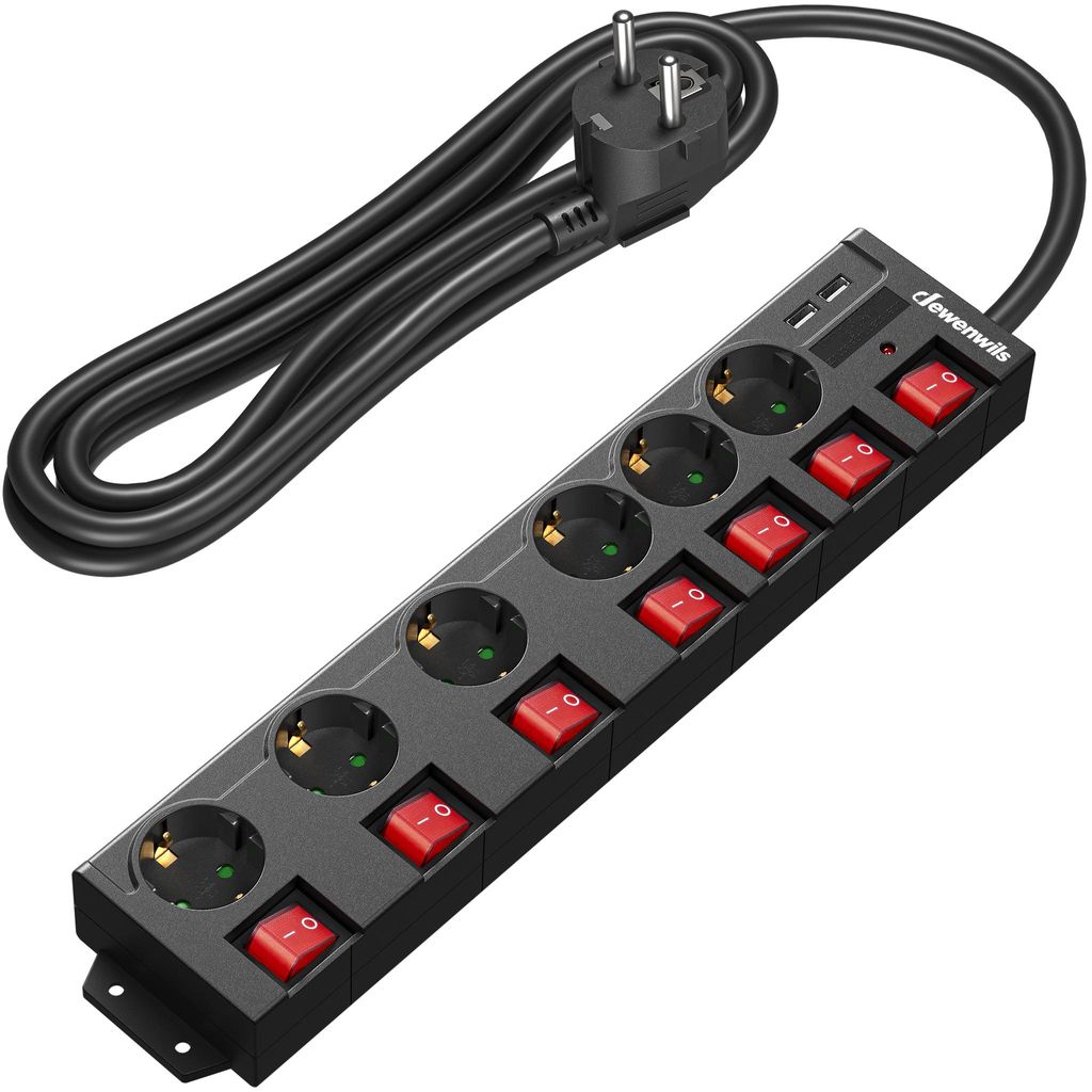 DEWENWILS 3M Steckdosenleiste mit 2 USB, Mehrfachsteckdose mit Schalter, Schwarz