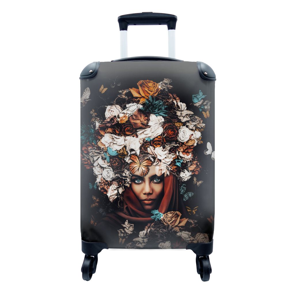 MuchoWow Koffer Handgepäck Trolley Rollkoffer Kleine Reisekoffer mit 4 Rollen - Blumen - Schmetterling - Frauen - Kopftuch - Cabin Size < 55x40x...