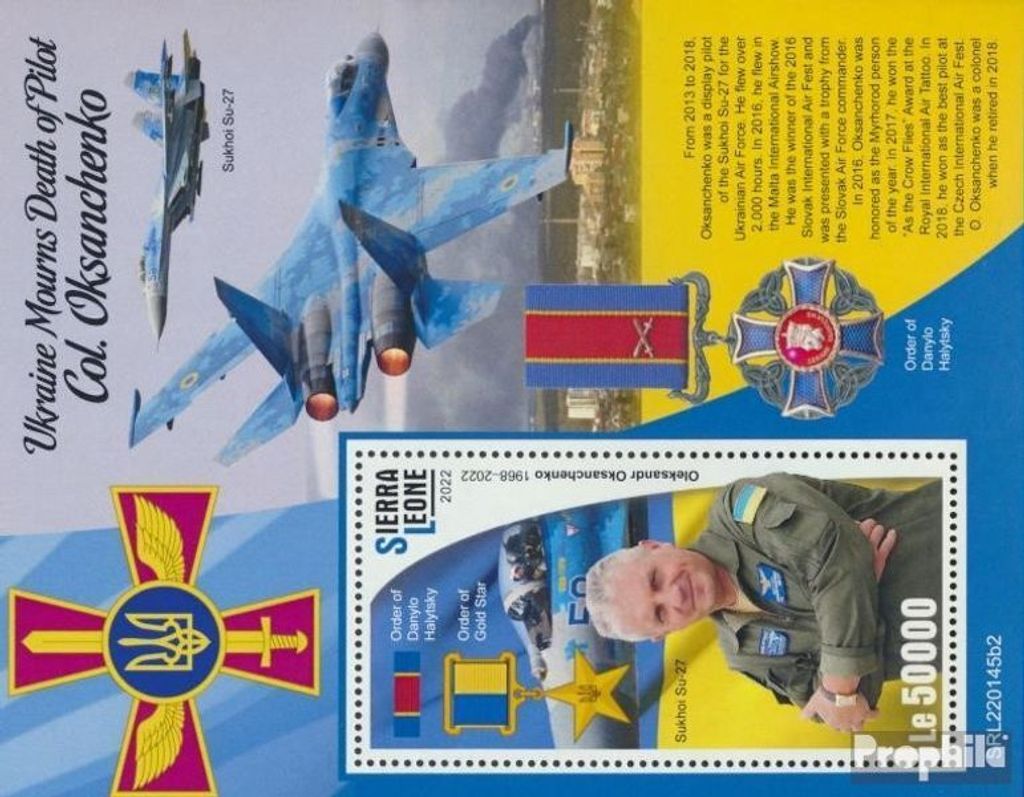 Briefmarken Sierra Leone 2022 Mi Block NEU6 Ukraine postfrisch Pilot Oksanchenko