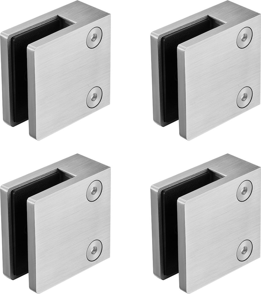 Four stainless steel glass clamps are arranged in a grid on a white background.
