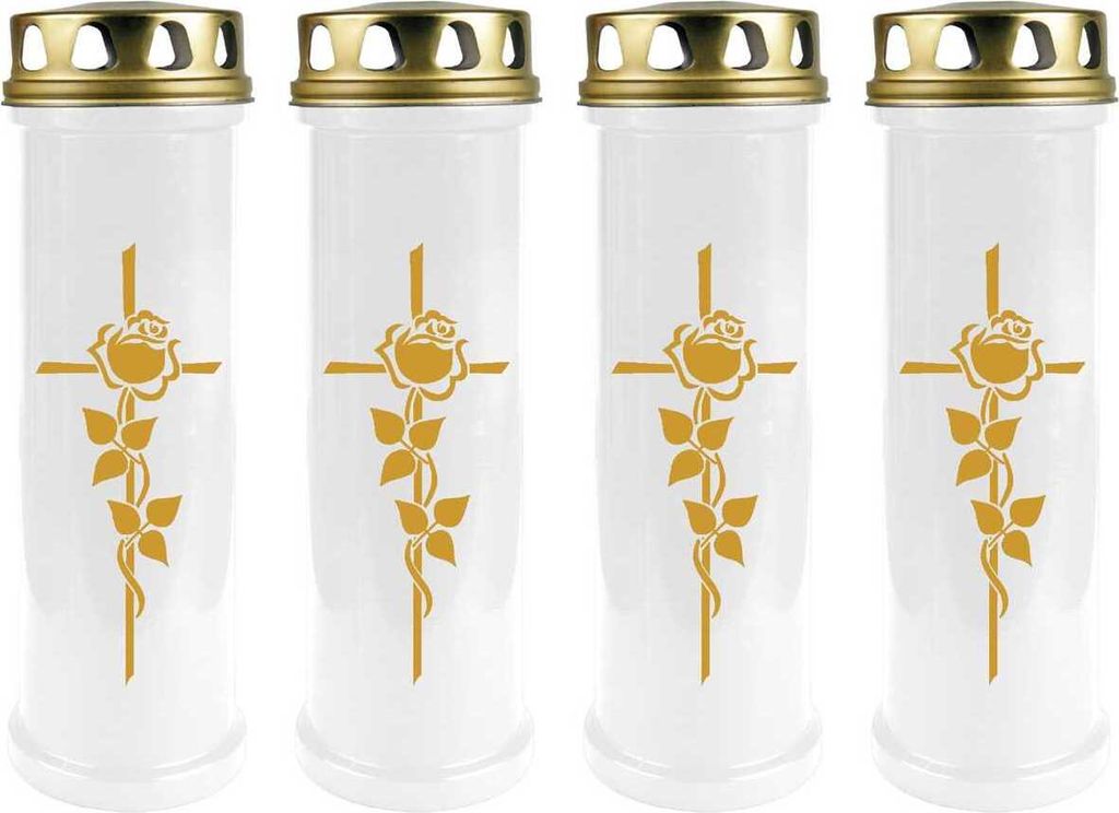 Grabkerze Weiß 4er Pack ( Druck Gold ), 100 Stunden/Kerze, Motiv: Rose Kreuz