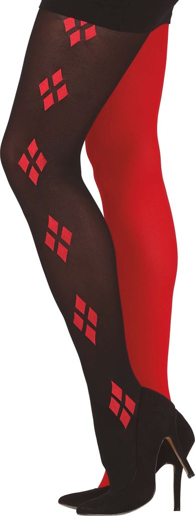 Clown Halloween Strumpfhose Zweifarbig Kostüm Rot Schwarz Karomuster Spaß Accessoire Party-Highlight, Farbe: Schwarz
