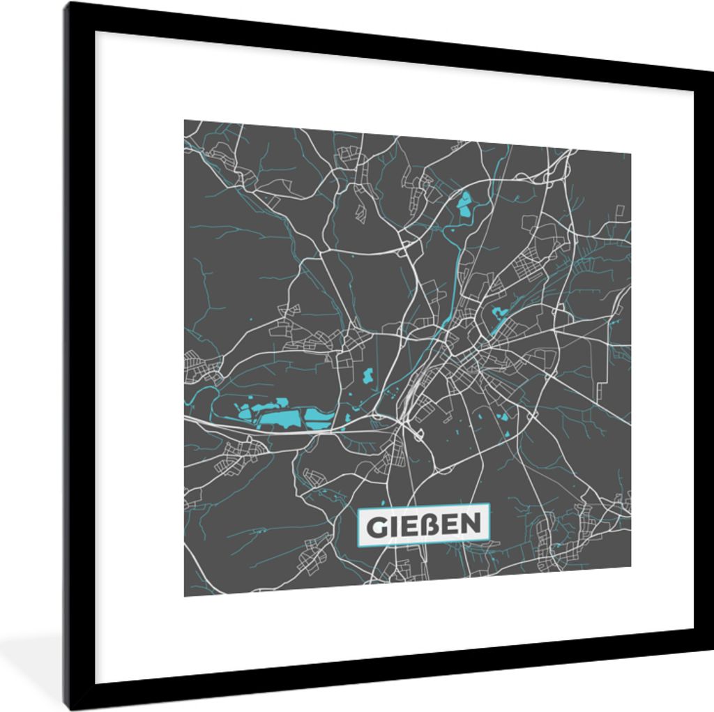 MuchoWow Gerahmtes Poster Karte - Stadtplan - Gießen - Deutschland - Blau 40x40 cm - Poster mit Schwarzem Bilderrahmen Wandposter Rahmen Foto Bi...