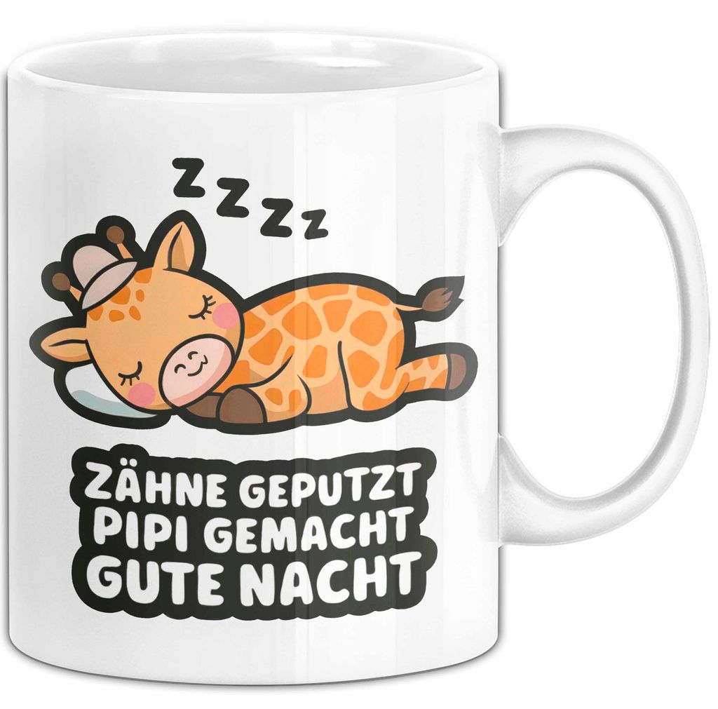 Schlafende Giraffe Tasse Geschenk Lustige Geschenkidee Spruch Zähne Geputzt Pipi Gemacht Gute Nacht (Weiß)