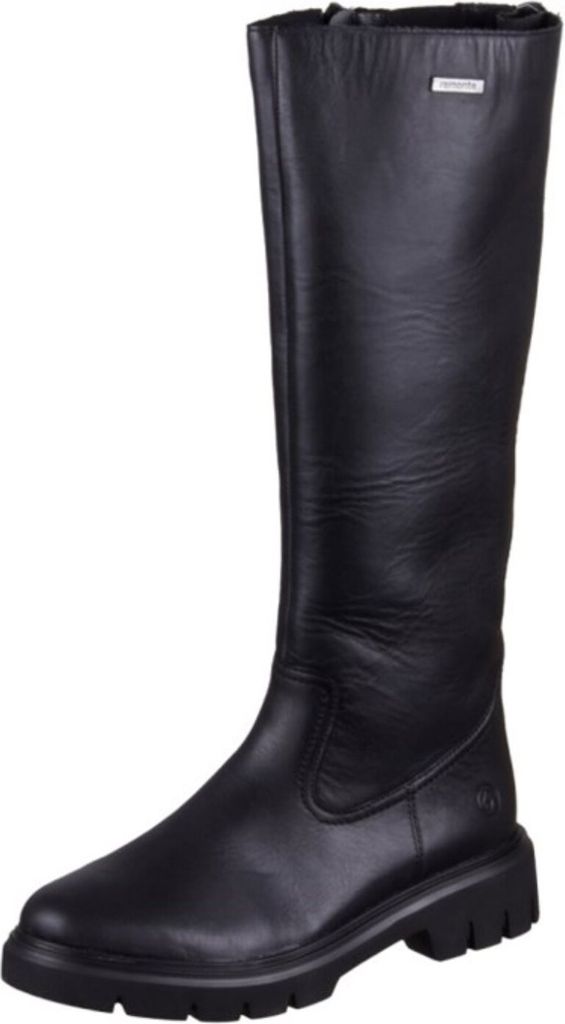 A black leather boot on a white background.