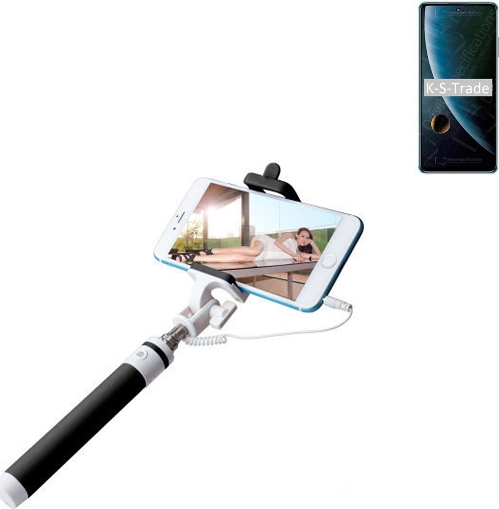 K-S-Trade Selfie Stick kompatibel mit ZTE Blade V30 Selfiestick kabelgebunden Monopod mit Kabel Stab Stange Selfportrait Handheldstick schwarz 1x