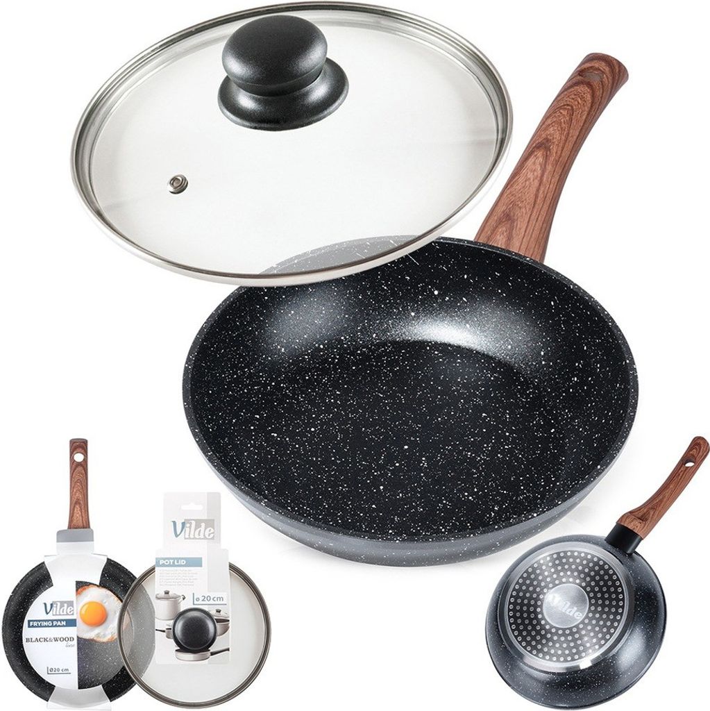 A granite frying pan with a glass lid and a wooden handle, shown from multiple angles and with packaging details.