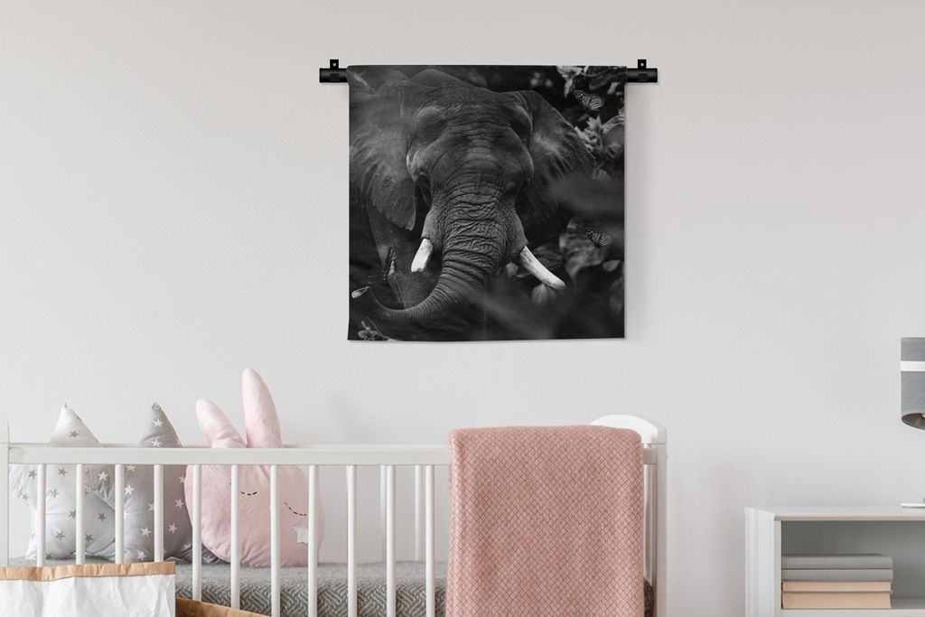 MuchoWow Wandteppich Wandbehang Tiere - Elefant - Schmetterlinge - Schwarz - Weiß 60x60 cm Tapisserie Dekoration Wandtuch - Dekorationen - Wand ...
