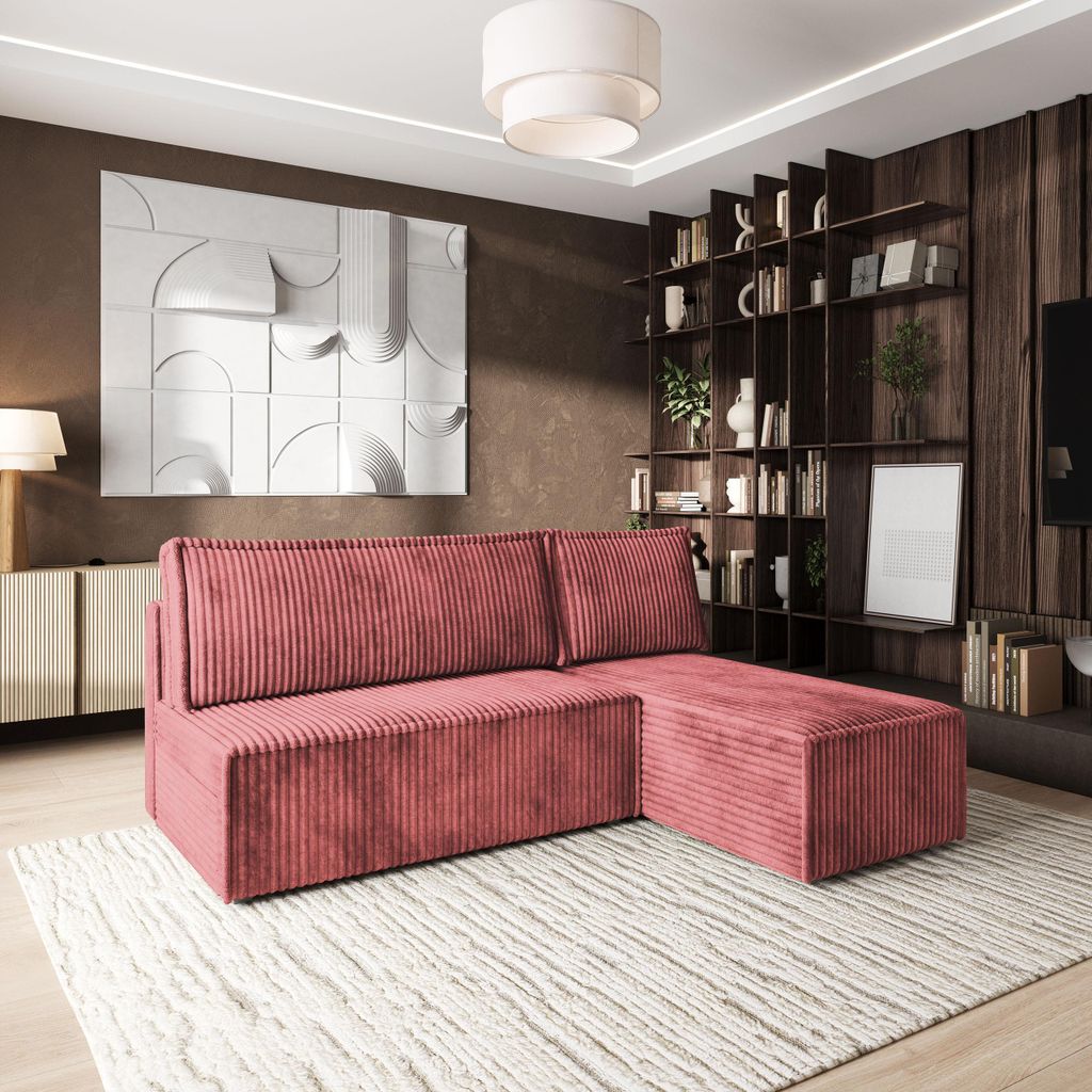 Masseno Ecksofa BRISO T mit Schlaffunktion L-Form, Sofa mit Bettkasten, Wohnzimmersofa, Couch, Soffa, Bettsofa, Couchgarnitur- Rosa, TILIA 62