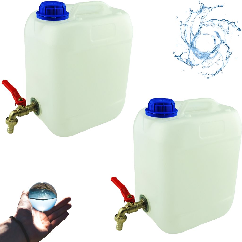 Wasserkanister 5l aus Kunststoff Weiß Set 2 Stück, Wasserbehälter mit Hahn Campingkanister Trinkwasserkanister für Haus Garten Auto Camping, Griff