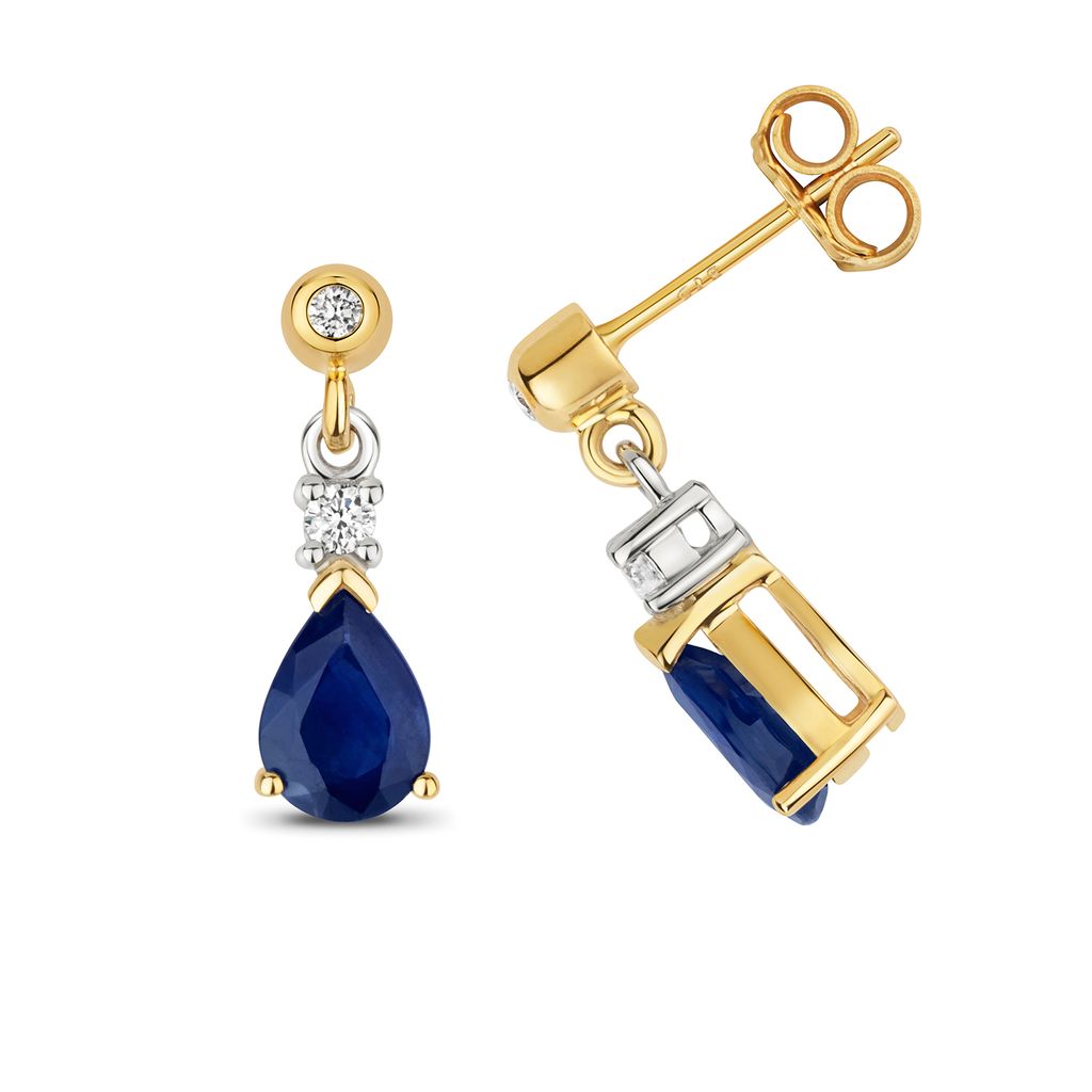 9 Karat (375) Gold Damen - Diamant Paar Ohrringe 0.10 Karat mit Saphir - 13mm*5mm; TRS31829KY