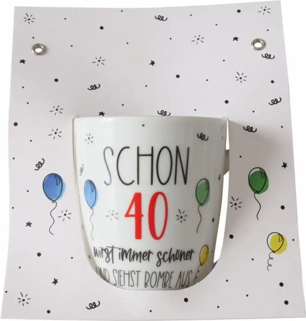 Becher Geburtstag 40 weiß 330ml, Farben: schwarz, blau, grün, rot, weiß; Material: Keramik, Boltze