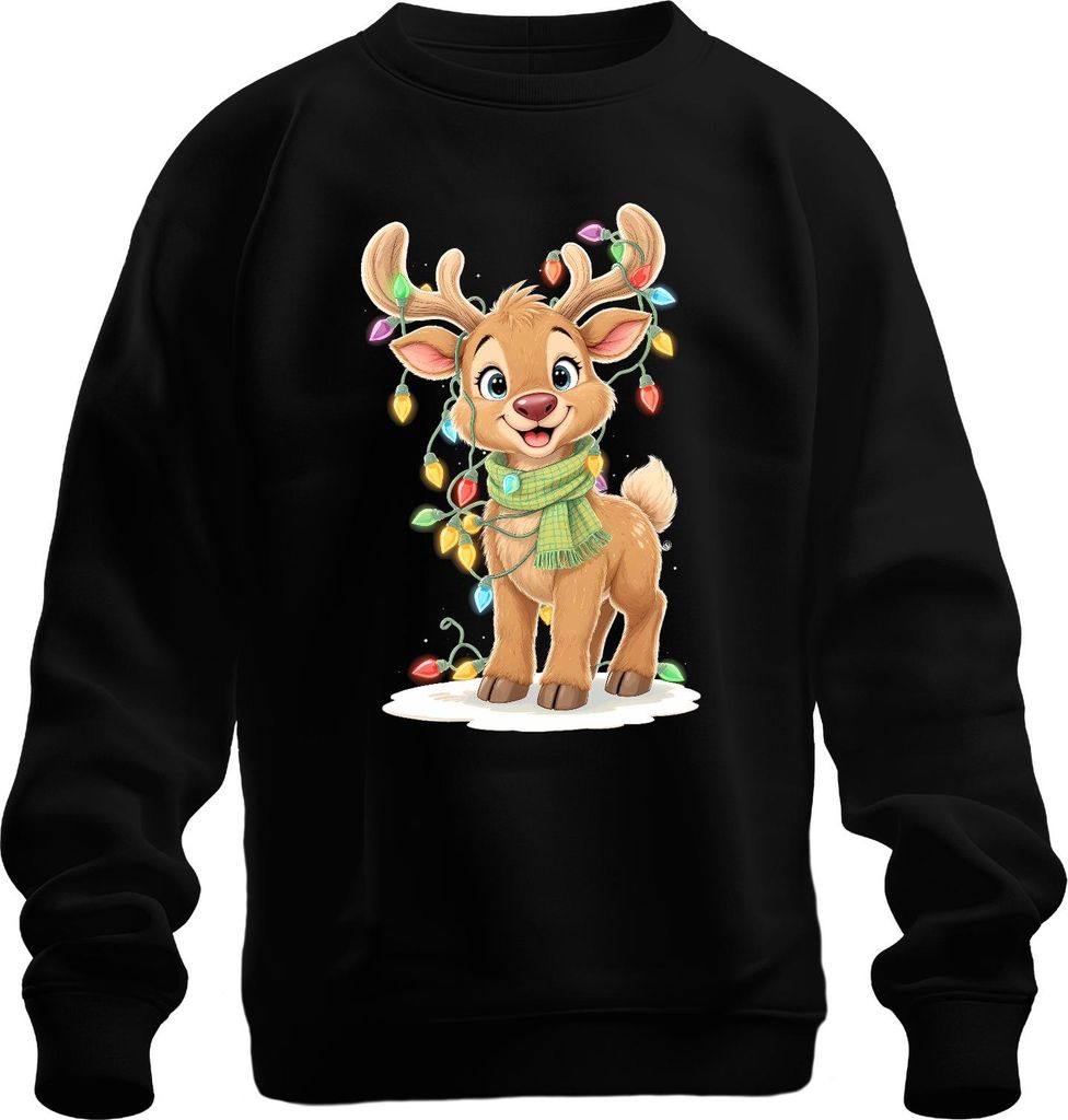 Weihnachtsrentier Niedlich Kinder Weihnachten Lichterkette Cartoon Uni Sweatshirt Pullover, Schwarz, XL