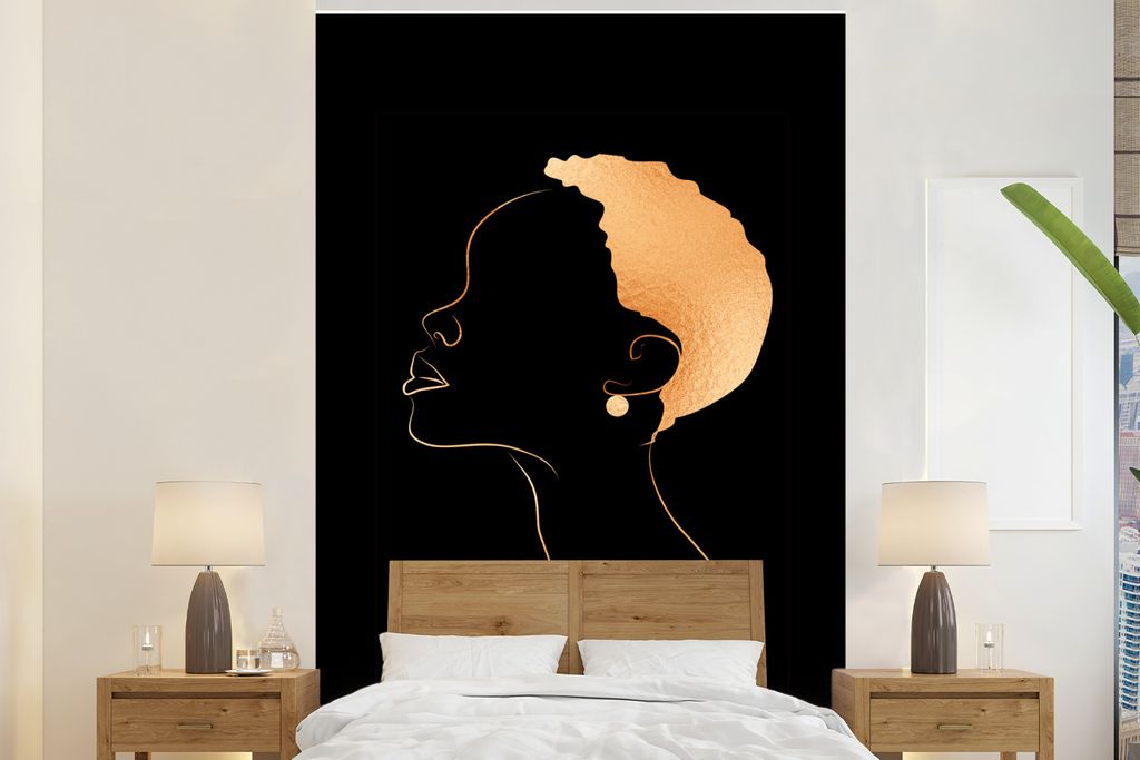 MuchoWow Fototapete für Wohnzimmer oder Schlafzimmer Wandtapete Vinyl Motivtapete Frau - Strichzeichnung - Schwarz und Gold - 170x260 cm - Wohnz...
