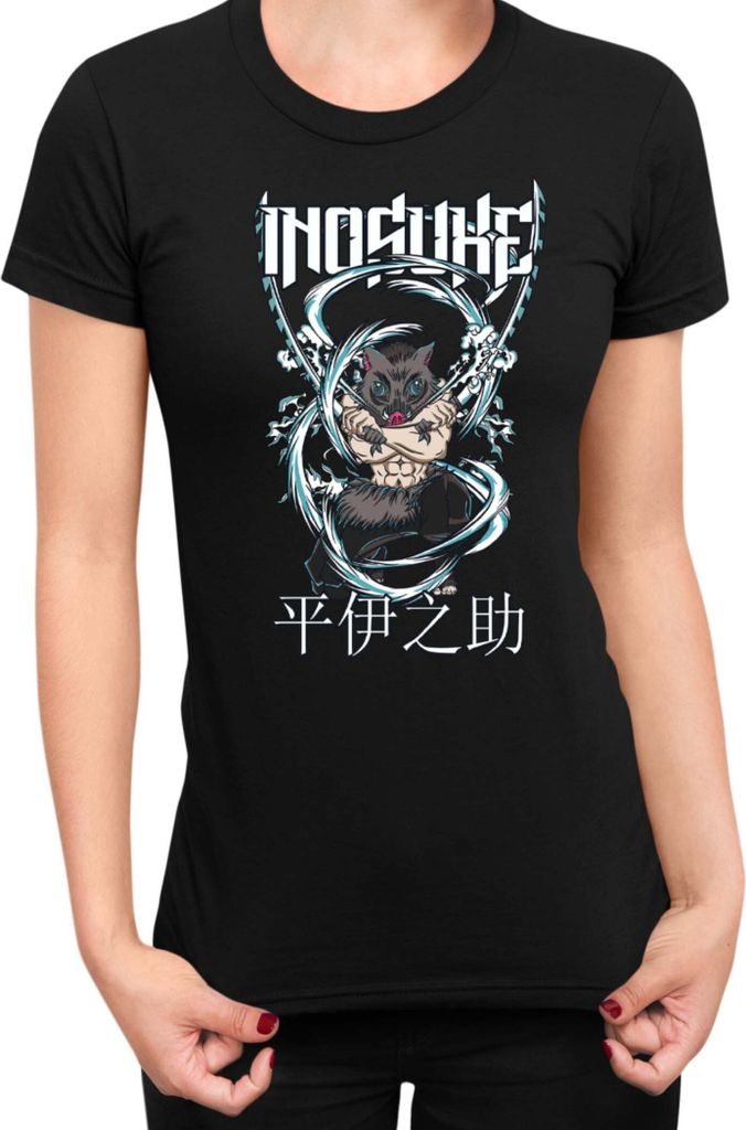 Damen T-Shirt Demon Anime Slayer Kimetsu No Yaiba Inosuke Hashibara 003, Lady XS / Schwarz
